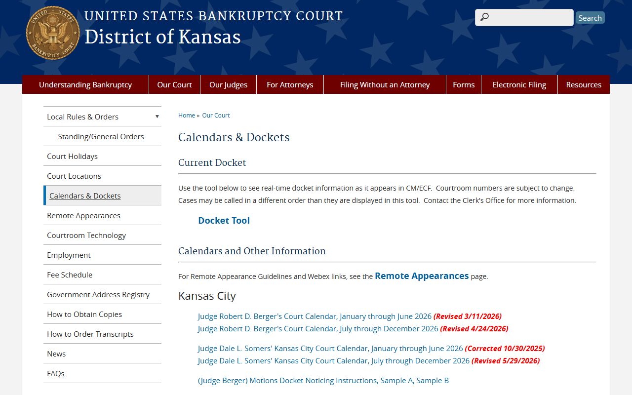Shawnee County court dockets bankruptcy calendars and dockets page