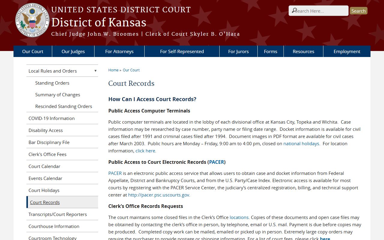Shawnee County court dockets federal District of Kansas records page