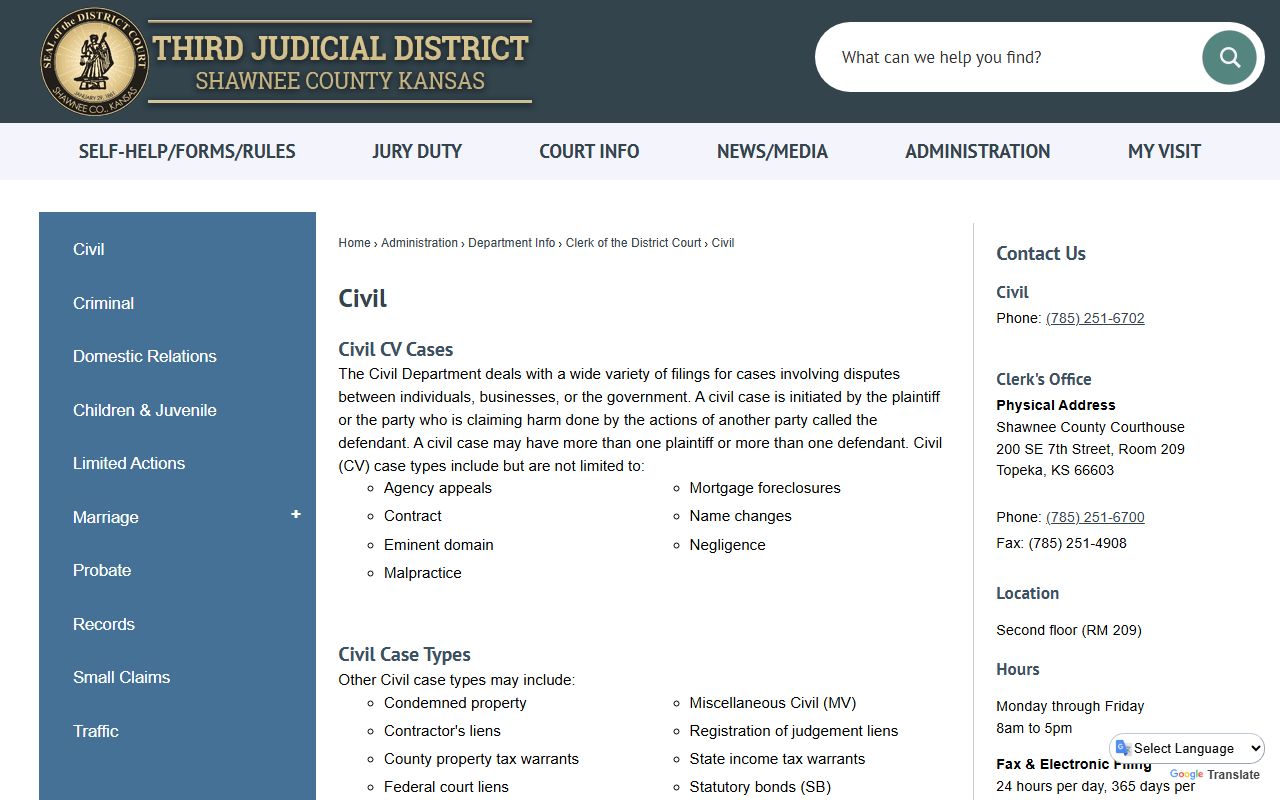 Shawnee County court records civil department page