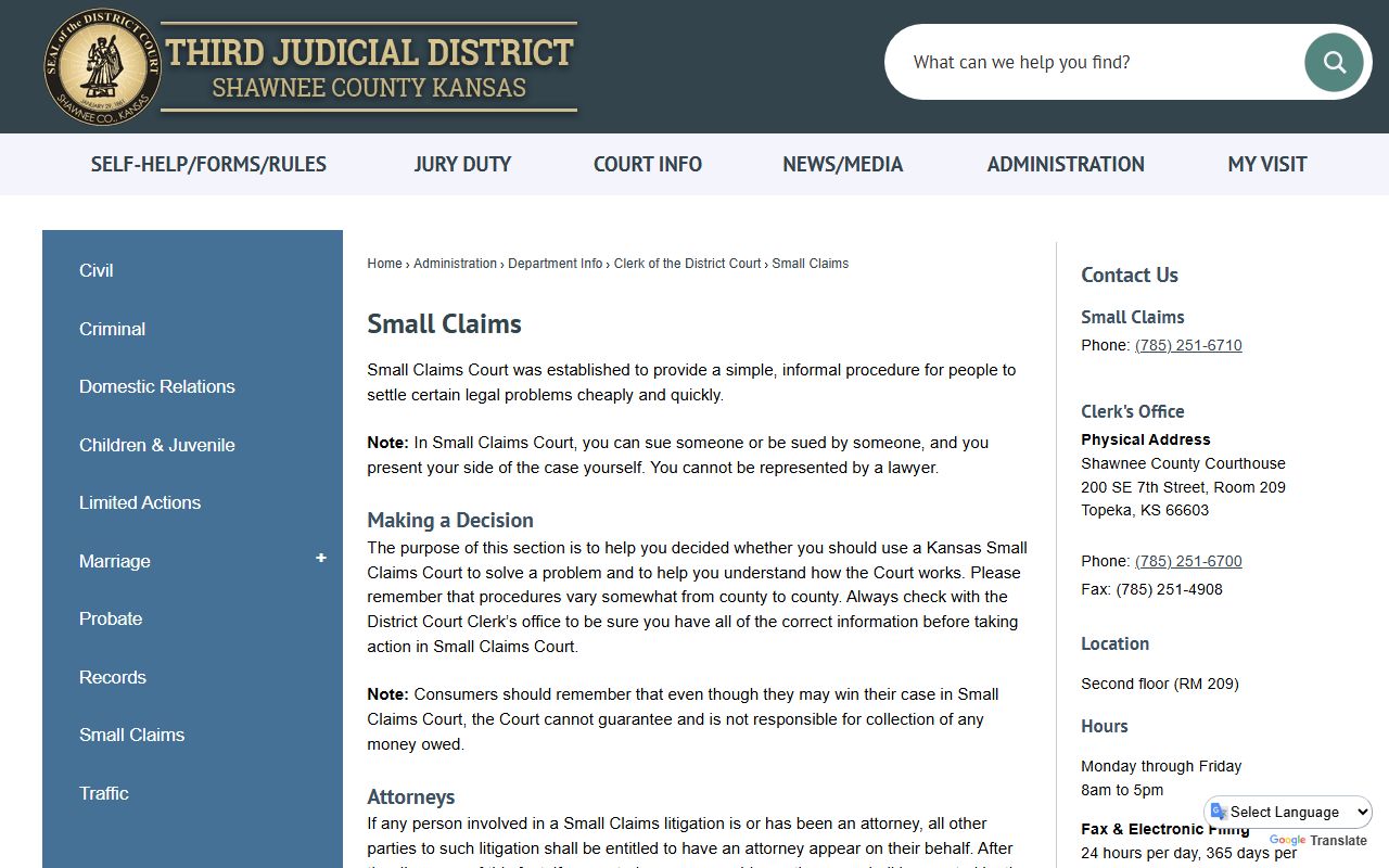 Shawnee County court records small claims page