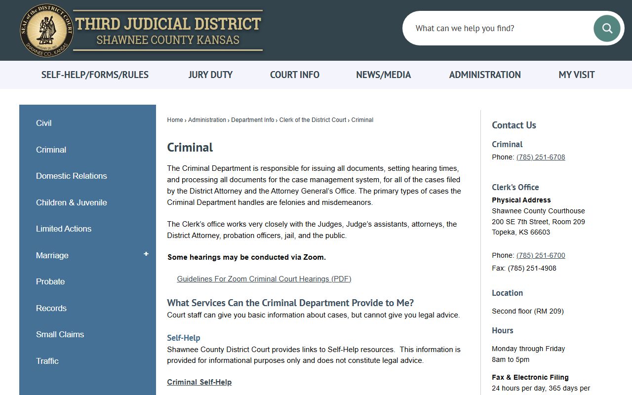 Shawnee County criminal court records criminal department page