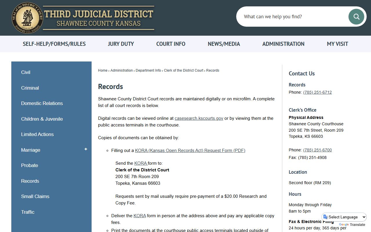 Shawnee County court records District Court records page