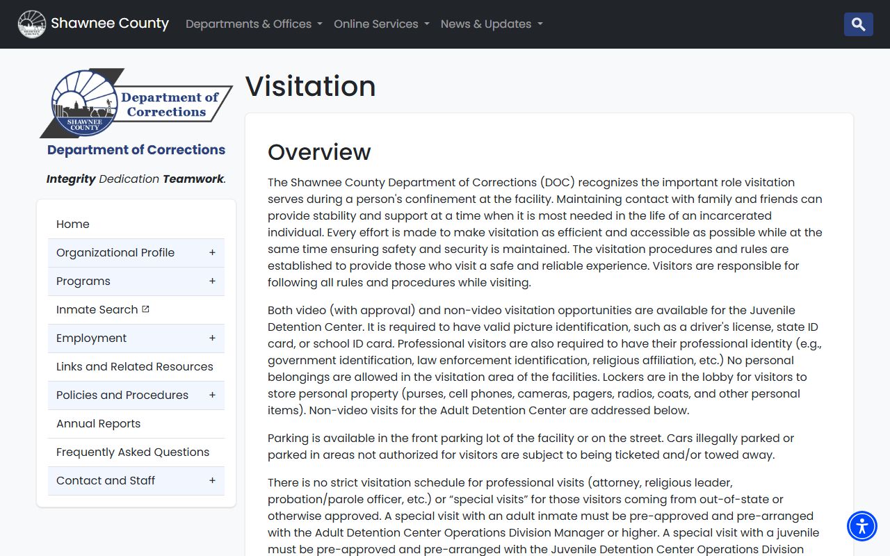 Shawnee County inmate records visitation rules