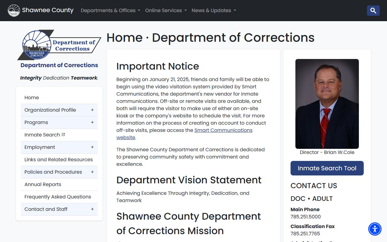 Shawnee County inmate records Department of Corrections home