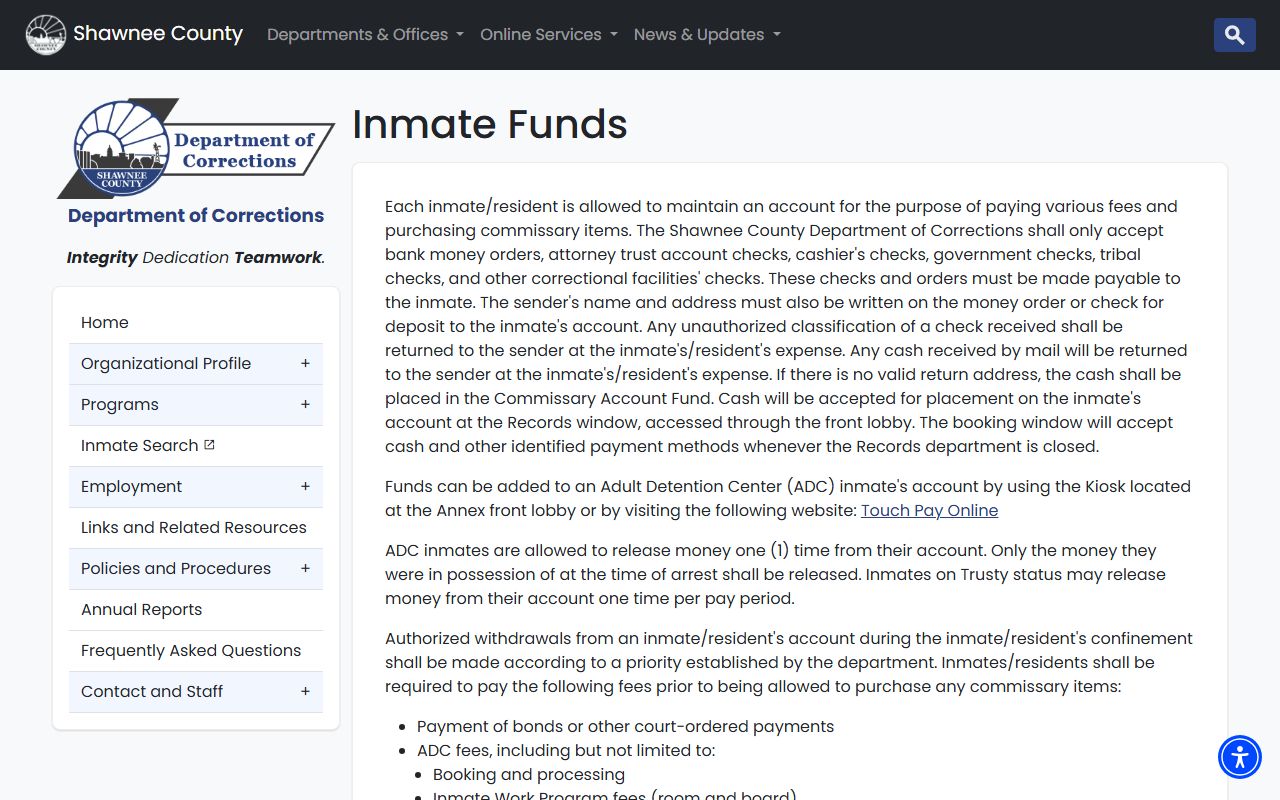 Shawnee County inmate records funds and TouchPay rules