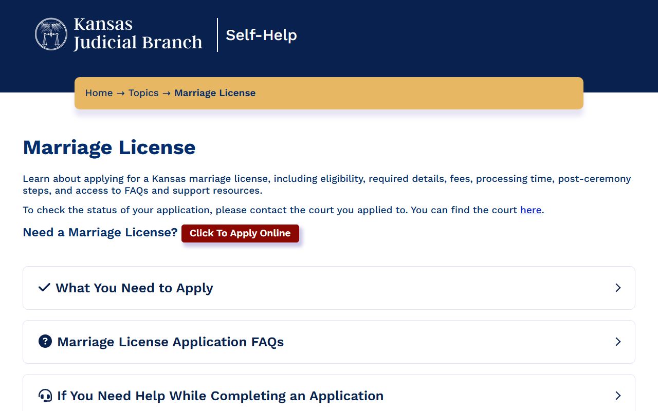 Kansas online application source for Shawnee County marriage records