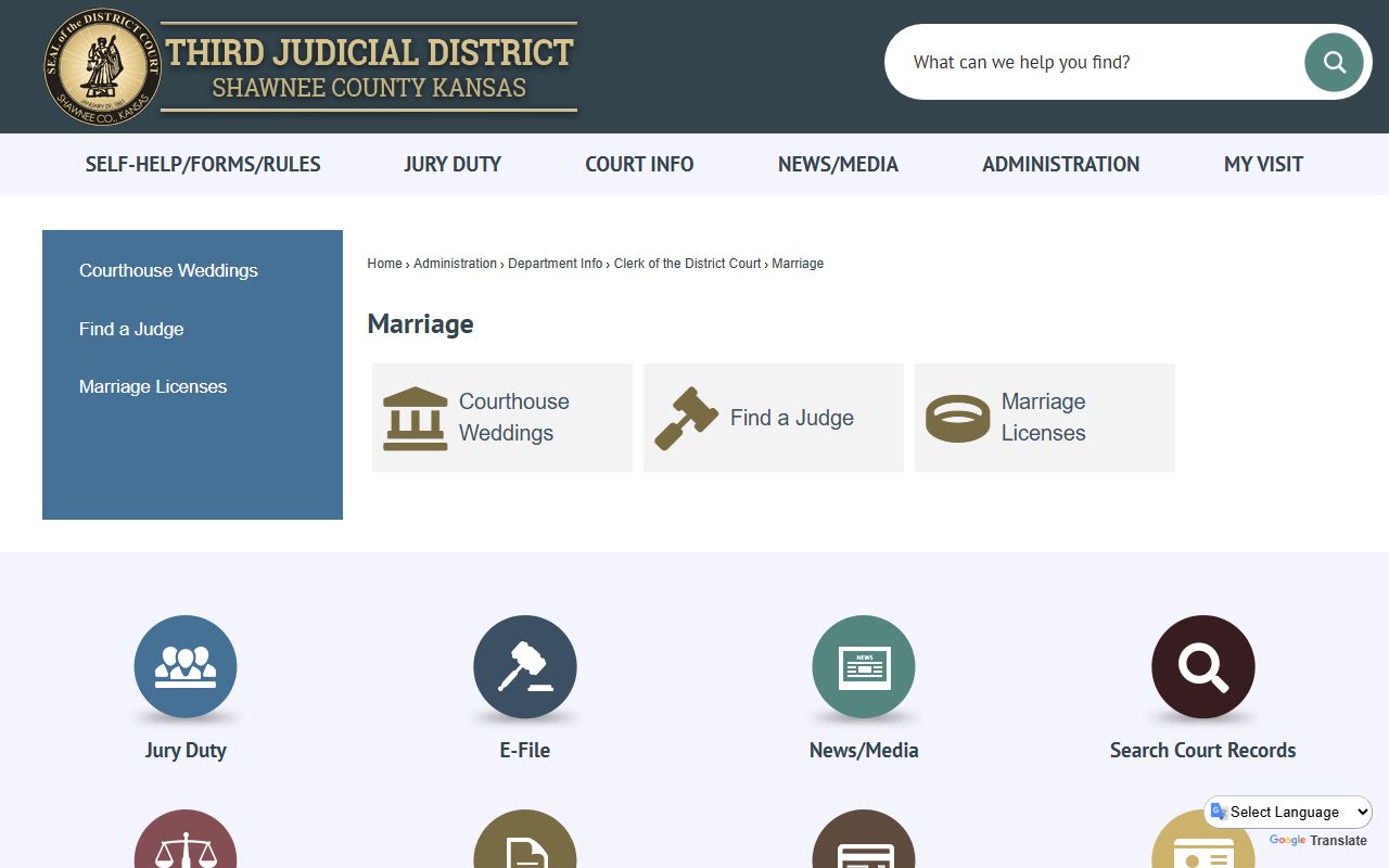 Shawnee County marriage records page for marriage license and courthouse wedding information