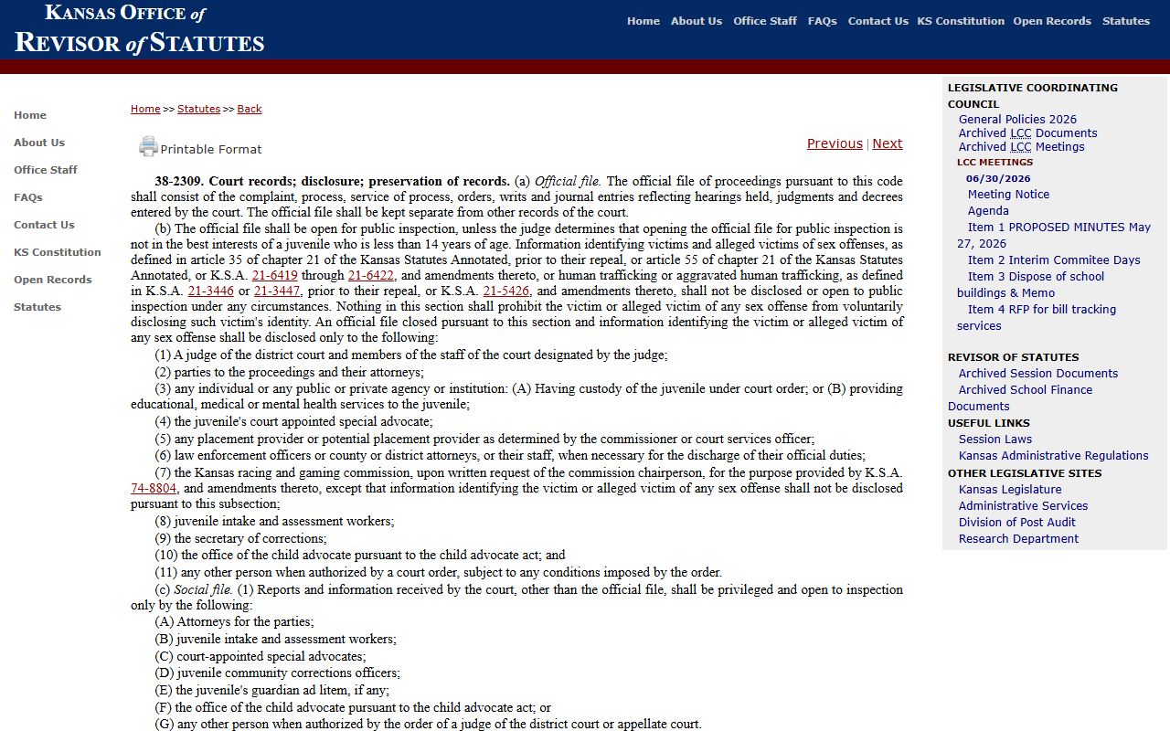 Kansas juvenile records statute related to restricted Shawnee County probate records