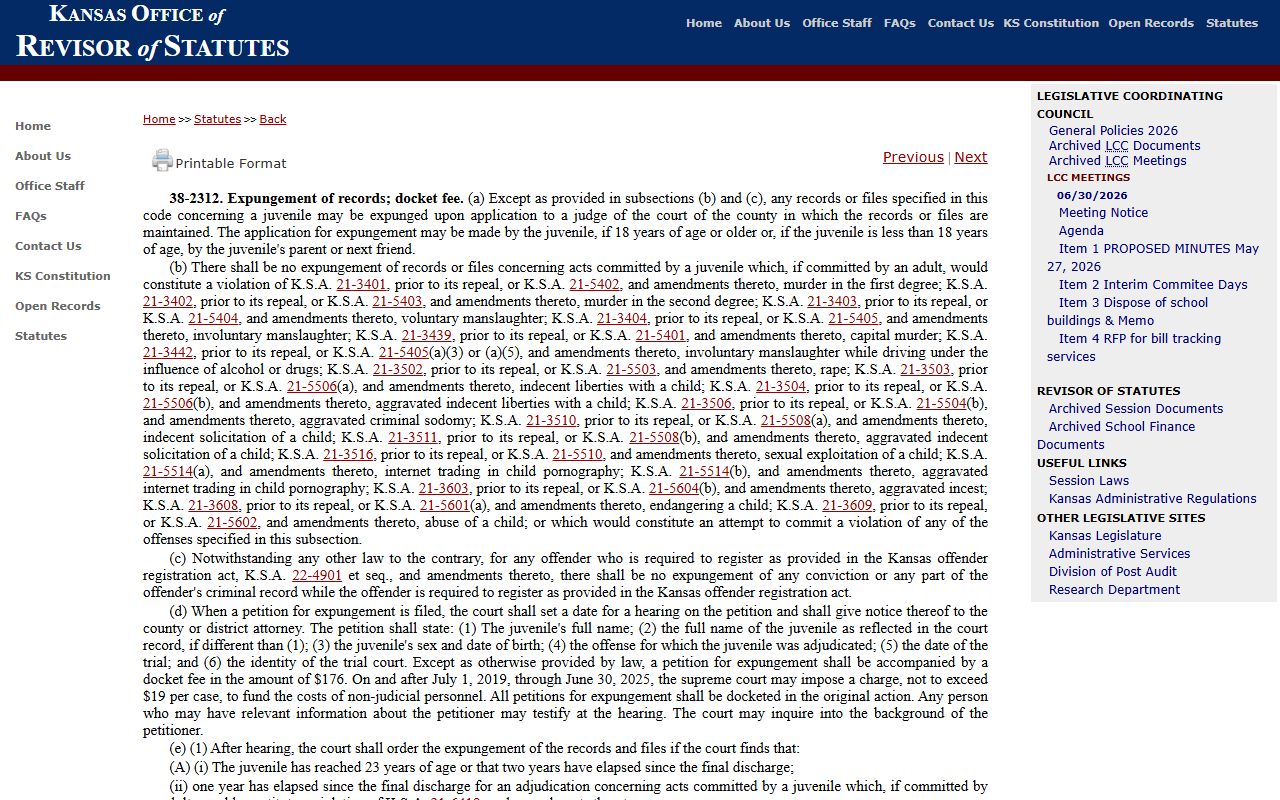Kansas juvenile expungement statute related to Shawnee County probate record restrictions
