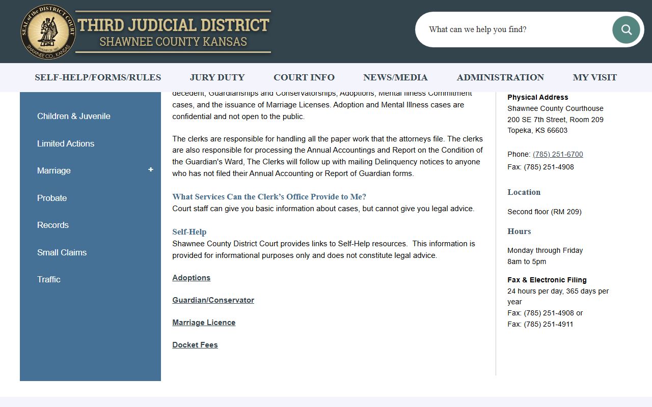 Shawnee County probate records page for the Probate Department of the District Court