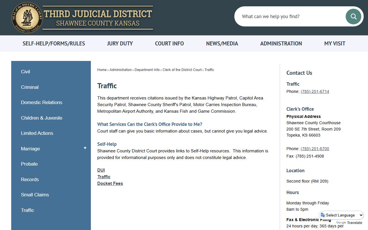 Shawnee County traffic court records District Court traffic department source