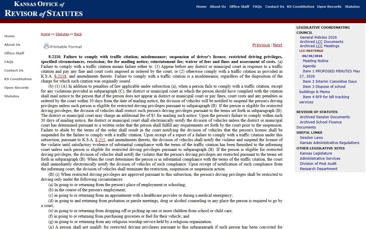 Shawnee County traffic court records failure to comply traffic citation statute source