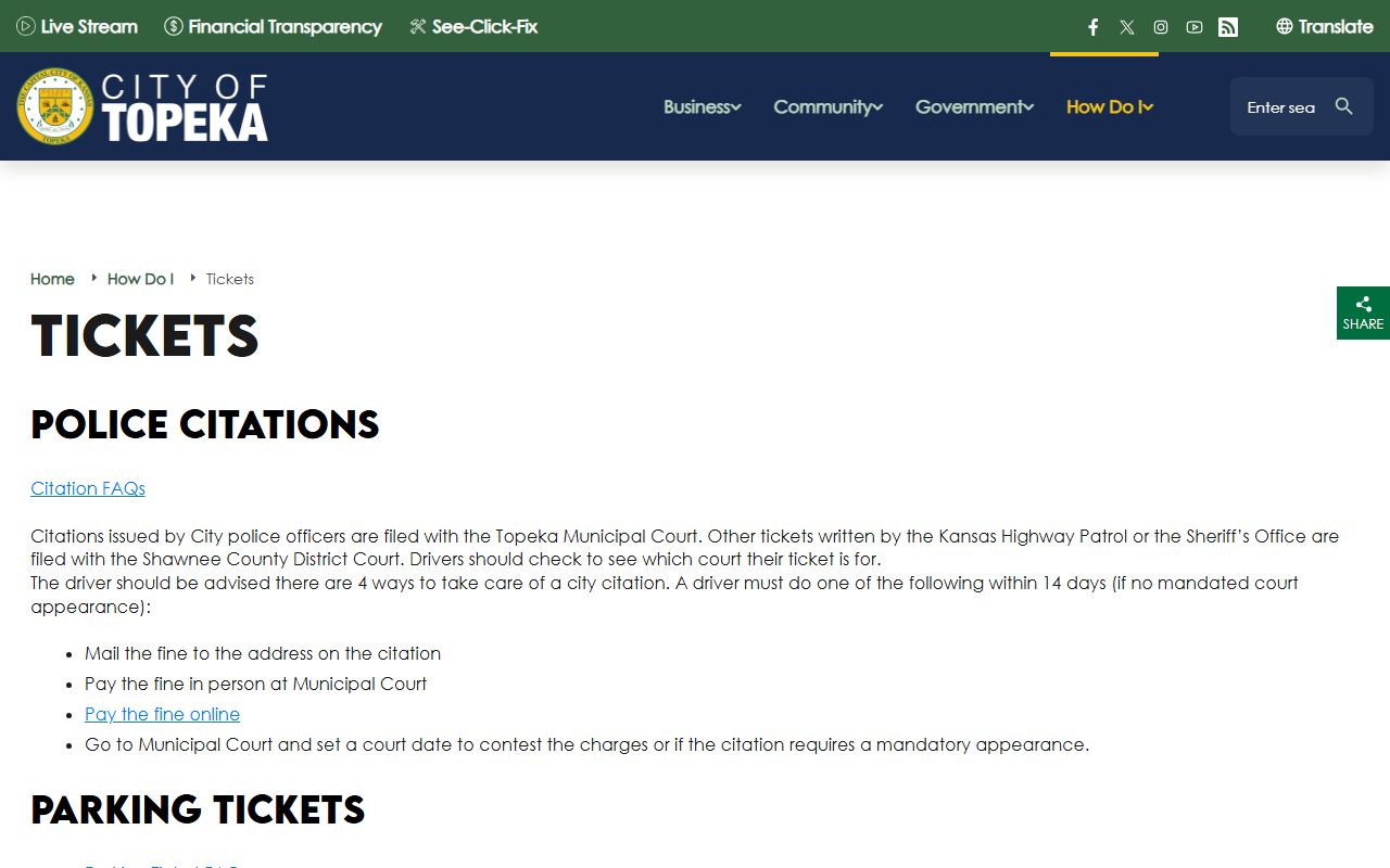 Shawnee County traffic court records Topeka ticket instructions source